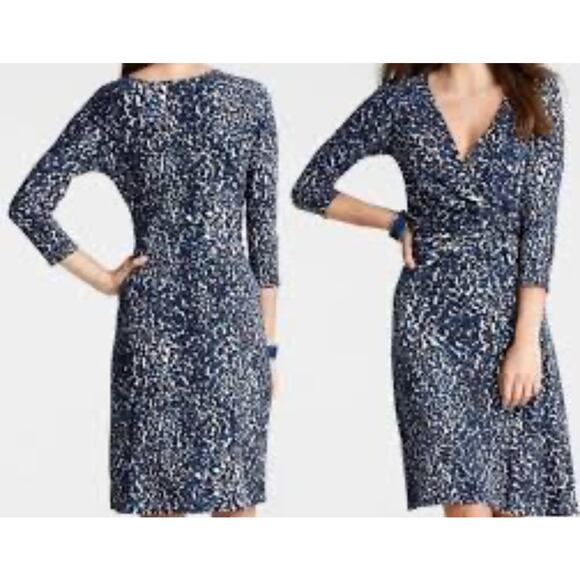 Ann Taylor Animal Print V-Neck Faux Wrap Jersey Dress Size Medium Petite - Picture 2 of 8